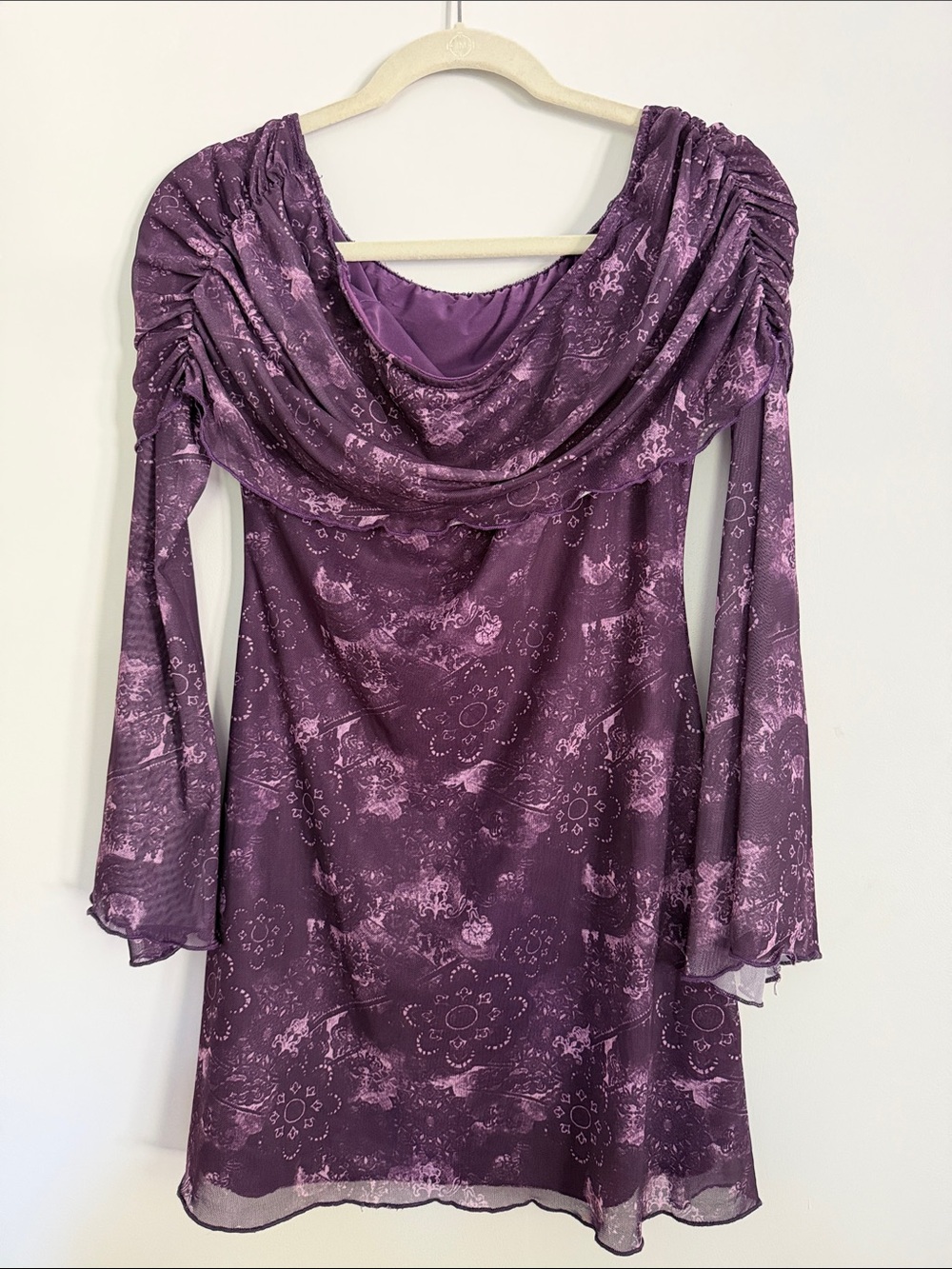 Purple Off-shoulder Long Sleeve Mini Dress with Draped Neck and Bell Sleeves